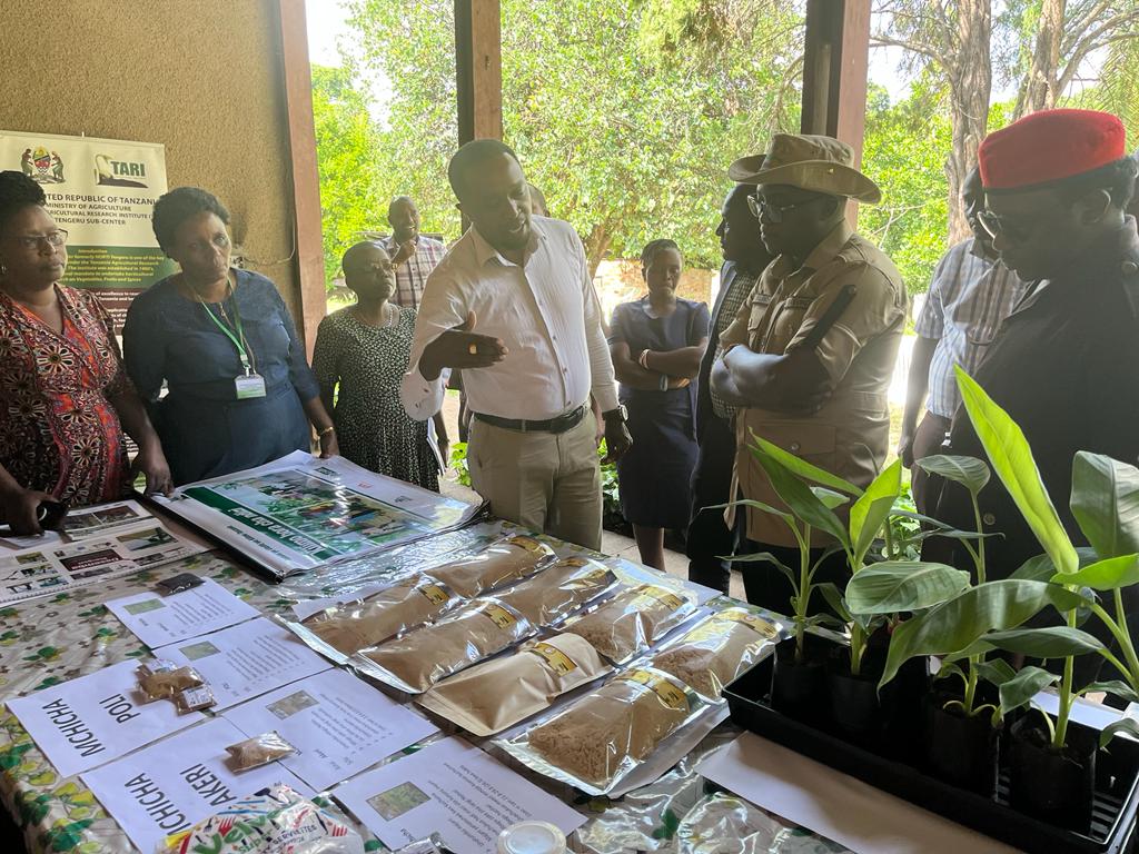 Hon. Antony Peter Mavunde (MP) Deputy Minister of Agriculture receiving an overview on well packed Amaranth grain flours from TARI Tengeru.