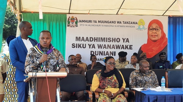 Regional Commissioner Briged. Gen. Marco Gaguti speaking during the International Women's Day held at Saba saba ground in Mtwara Mikindani Municipal