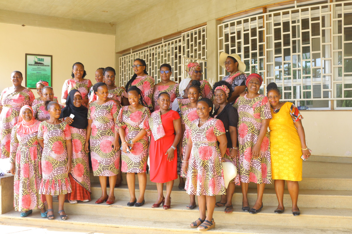 The manager of TARI Kibaha Centre with the centre's women members of staff as they celebrated the women's international day on 8th of March 2022