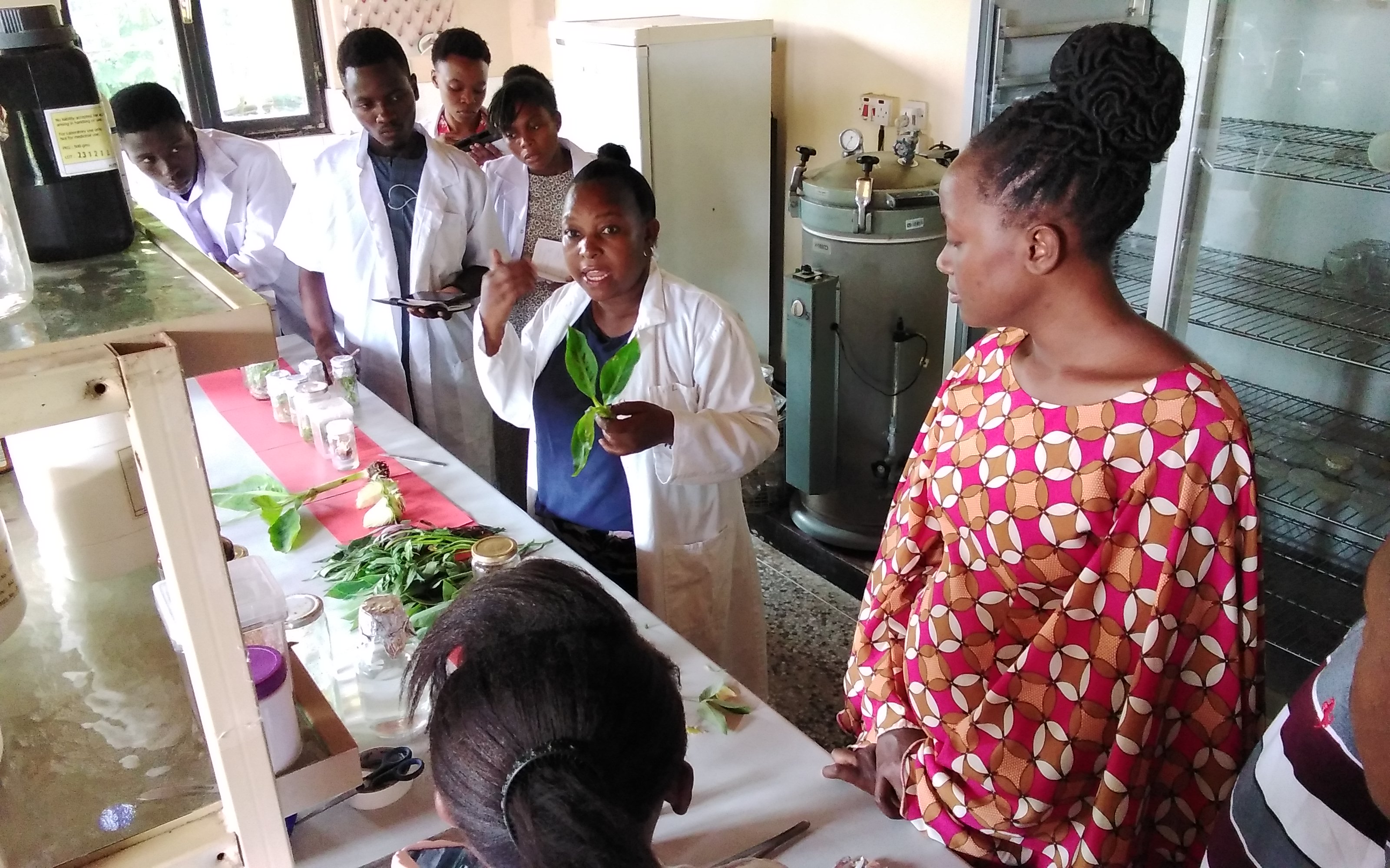Margareth Lupembe (Middle), Researcher from TARI Mikocheni when training students from Borigaram Agriculture Technical College during their visit at the center for the purpose of attending practical training on Tissue Culture Technology.