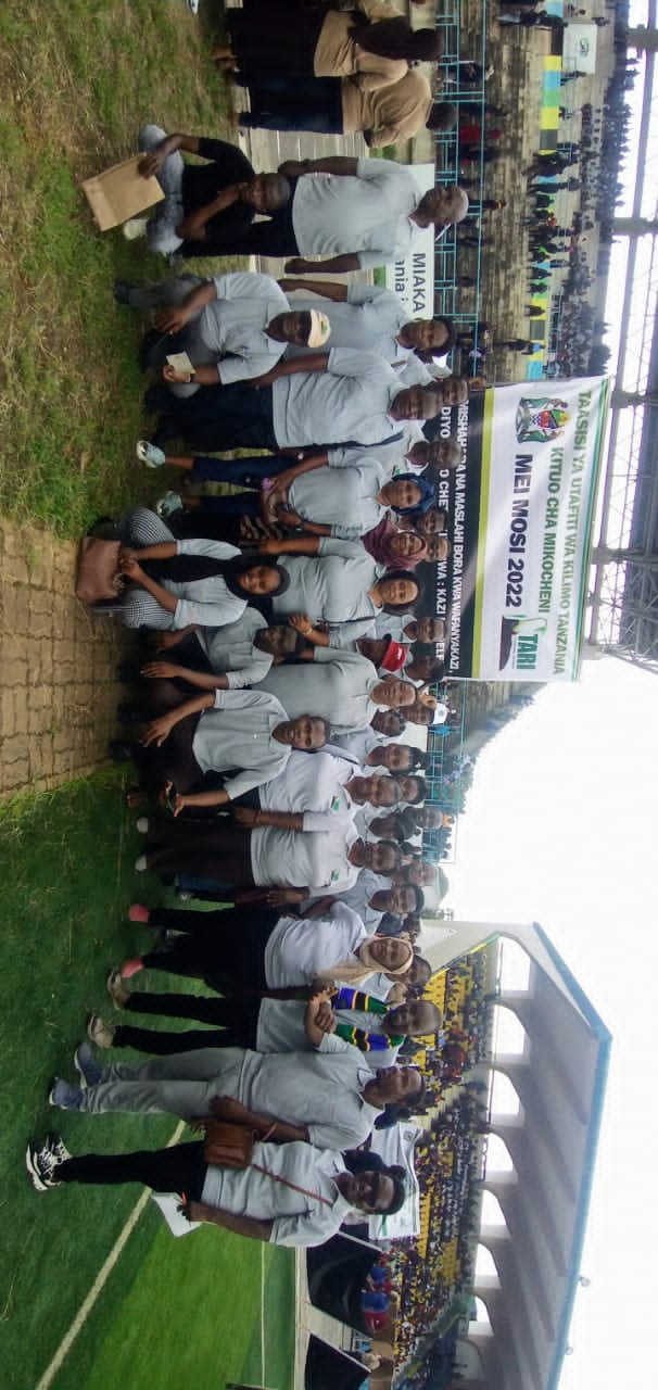 Workers from the Tanzania Agricultural Research Institute, Mikocheni Center (TARI-Mikocheni) participate during the regional Worker's Day (1st May, 2022) celebrations held at Uhuru Stadium in Dar es Salaam's Temeke area.