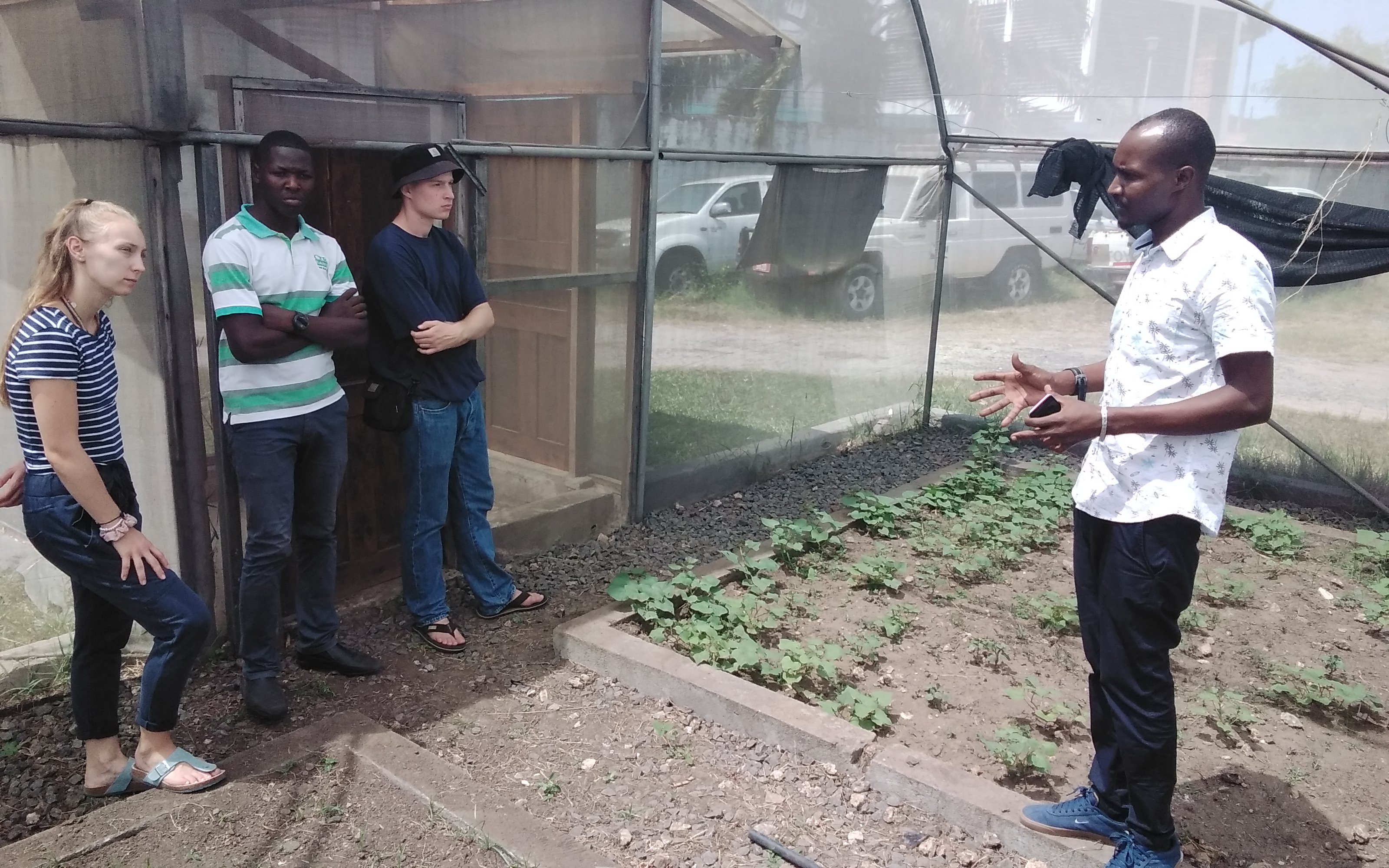 Mr. Emmanuel Haule (right), researcher from TARI Mikocheni gives explanations to guests from Germany on different activities that take place in the greenhouse available at TARI Mikocheni.